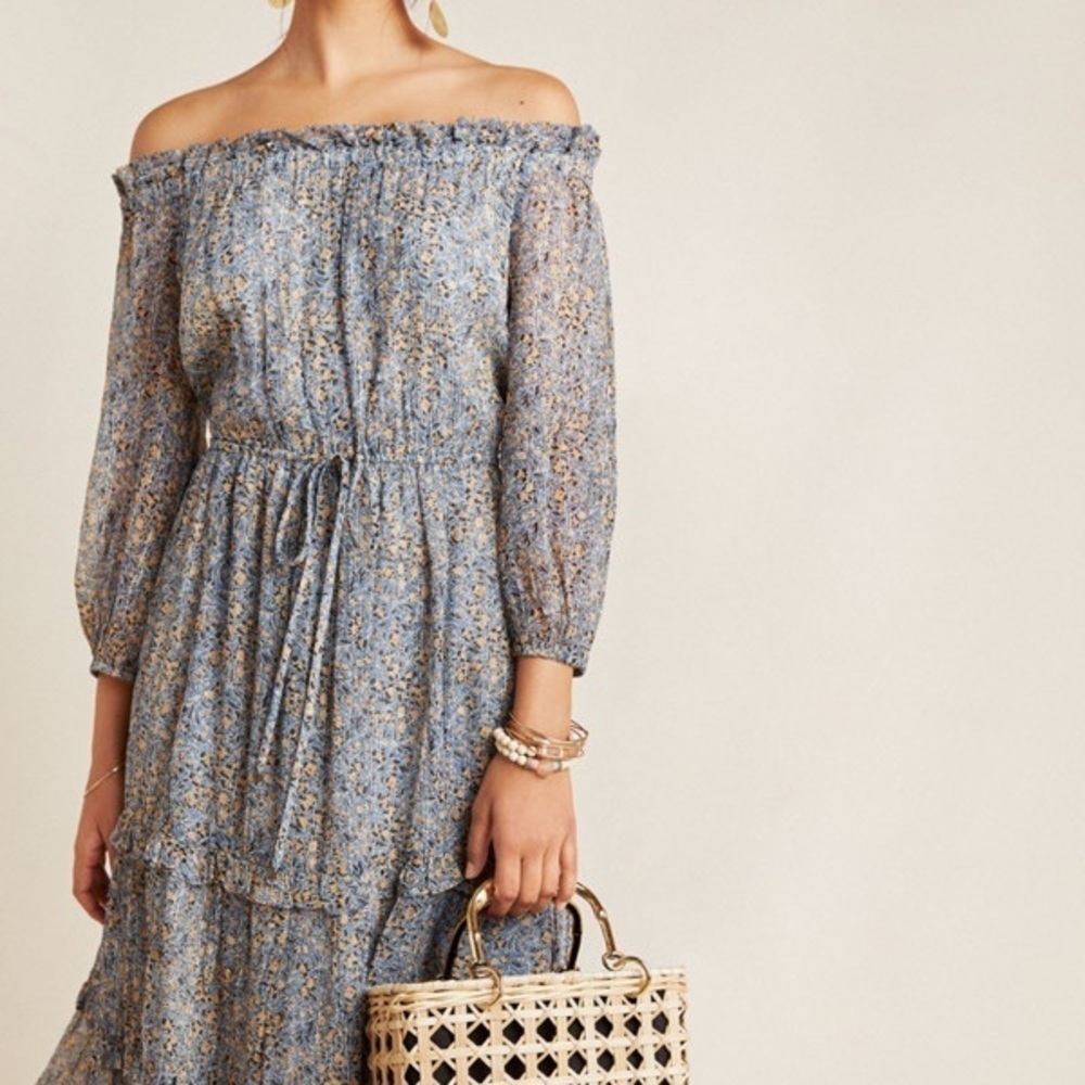 Anthropologie Dusty Blue Floral Off-Shoulder Maxi Dress